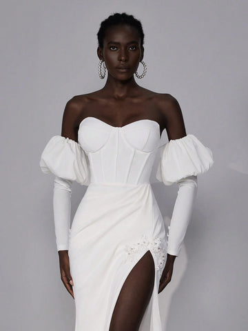 Elitara Elegant Luxury Ivory Strapless Removable Puff Long Sleeve Lace Up Back Tie Off Shoulder Herringbone Elastic Knit Split Hem See-Through With Applique Fish Tail Dress With Train, Suitable For Wedding, Party, Vacation