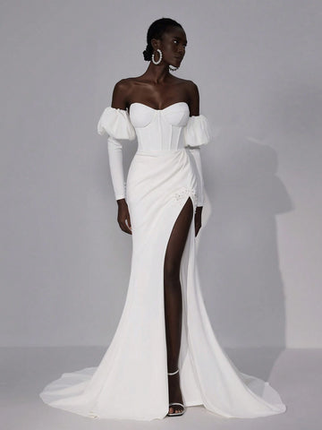 Elitara Elegant Luxury Ivory Strapless Removable Puff Long Sleeve Lace Up Back Tie Off Shoulder Herringbone Elastic Knit Split Hem See-Through With Applique Fish Tail Dress With Train, Suitable For Wedding, Party, Vacation