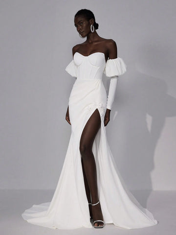 Elitara Elegant Luxury Ivory Strapless Removable Puff Long Sleeve Lace Up Back Tie Off Shoulder Herringbone Elastic Knit Split Hem See-Through With Applique Fish Tail Dress With Train, Suitable For Wedding, Party, Vacation