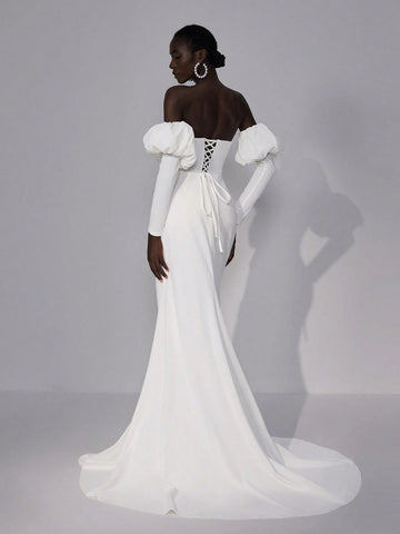 Elitara Elegant Luxury Ivory Strapless Removable Puff Long Sleeve Lace Up Back Tie Off Shoulder Herringbone Elastic Knit Split Hem See-Through With Applique Fish Tail Dress With Train, Suitable For Wedding, Party, Vacation