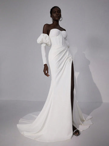 Elitara Elegant Luxury Ivory Strapless Removable Puff Long Sleeve Lace Up Back Tie Off Shoulder Herringbone Elastic Knit Split Hem See-Through With Applique Fish Tail Dress With Train, Suitable For Wedding, Party, Vacation