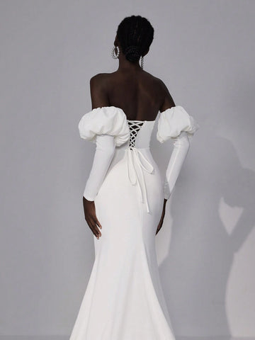 Elitara Elegant Luxury Ivory Strapless Removable Puff Long Sleeve Lace Up Back Tie Off Shoulder Herringbone Elastic Knit Split Hem See-Through With Applique Fish Tail Dress With Train, Suitable For Wedding, Party, Vacation