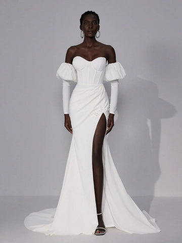 Elitara Elegant Luxury Ivory Strapless Removable Puff Long Sleeve Lace Up Back Tie Off Shoulder Herringbone Elastic Knit Split Hem See-Through With Applique Fish Tail Dress With Train, Suitable For Wedding, Party, Vacation