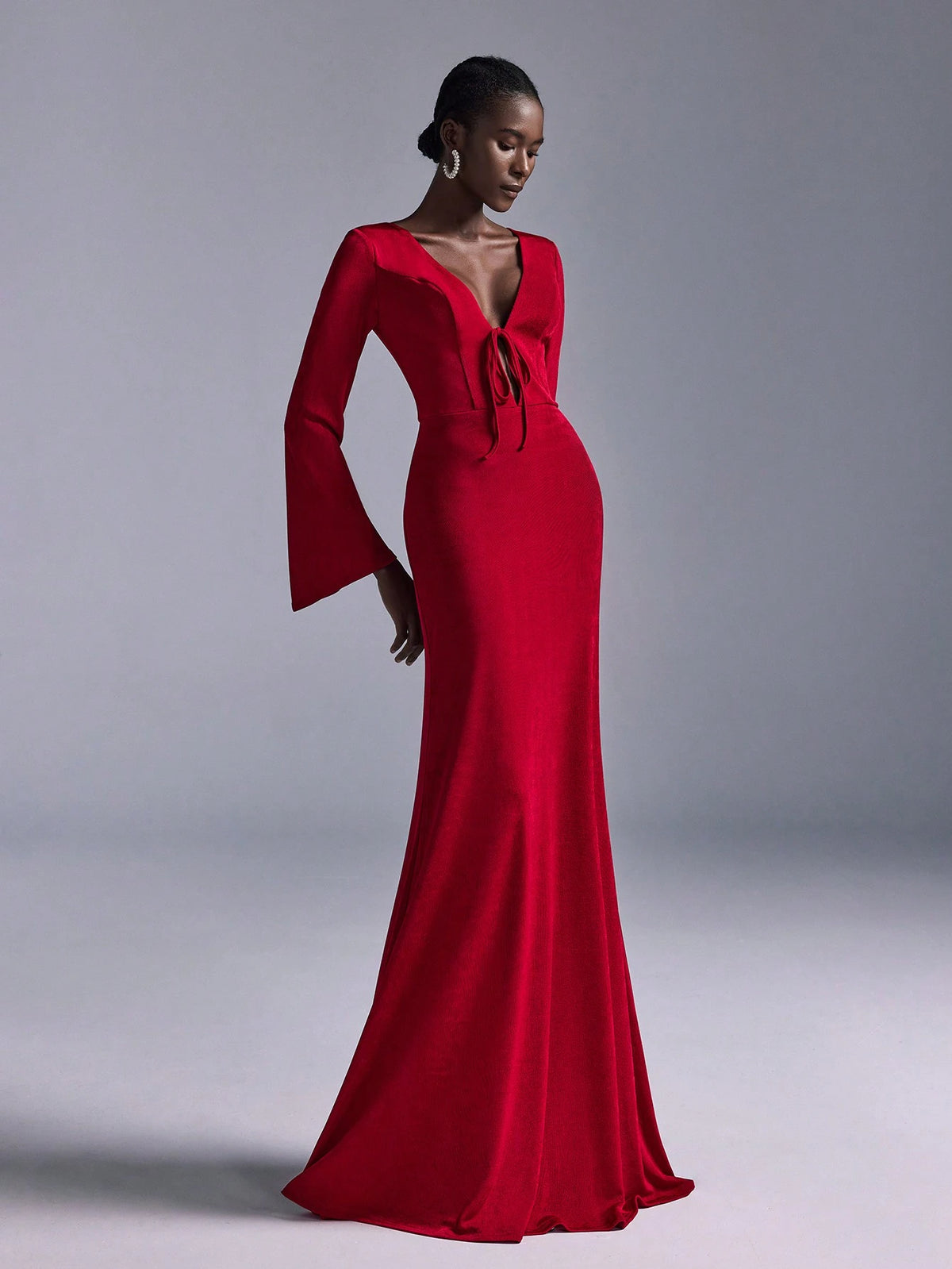 Elitara Elegant Red Elastic Knit Deep V-Neck Front Tie Long Flare Sleeve Mini Mermaid Bridesmaid Dress For Wedding