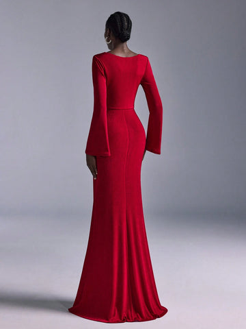 Elitara Elegant Red Elastic Knit Deep V-Neck Front Tie Long Flare Sleeve Mini Mermaid Bridesmaid Dress For Wedding