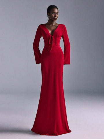 Elitara Elegant Red Elastic Knit Deep V-Neck Front Tie Long Flare Sleeve Mini Mermaid Bridesmaid Dress For Wedding