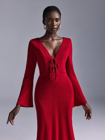 Elitara Elegant Red Elastic Knit Deep V-Neck Front Tie Long Flare Sleeve Mini Mermaid Bridesmaid Dress For Wedding