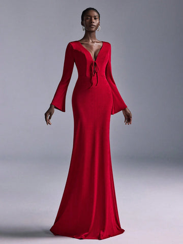Elitara Elegant Red Elastic Knit Deep V-Neck Front Tie Long Flare Sleeve Mini Mermaid Bridesmaid Dress For Wedding