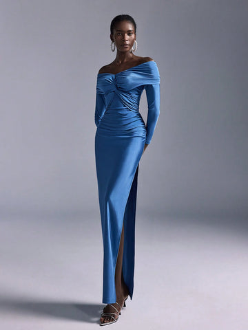 Elitara Elegant Romantic Blue Ruched Off Shoulder Fitted Bodycon Side Slit Straight Sleeve Knit Bridesmaid Dress