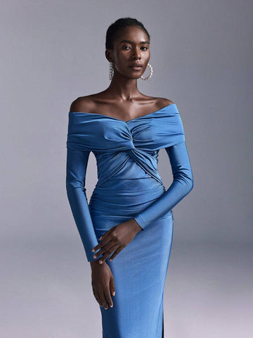 Elitara Elegant Romantic Blue Ruched Off Shoulder Fitted Bodycon Side Slit Straight Sleeve Knit Bridesmaid Dress