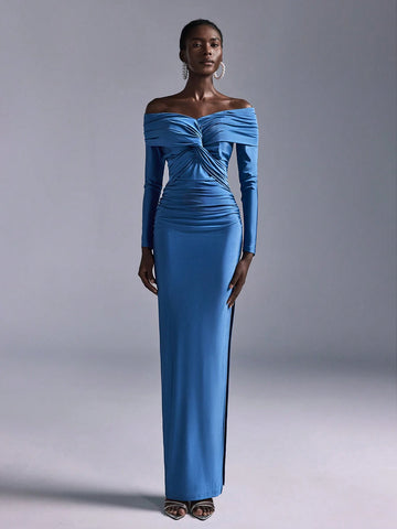 Elitara Elegant Romantic Blue Ruched Off Shoulder Fitted Bodycon Side Slit Straight Sleeve Knit Bridesmaid Dress