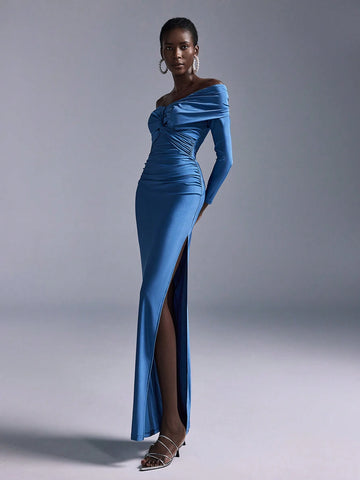 Elitara Elegant Romantic Blue Ruched Off Shoulder Fitted Bodycon Side Slit Straight Sleeve Knit Bridesmaid Dress