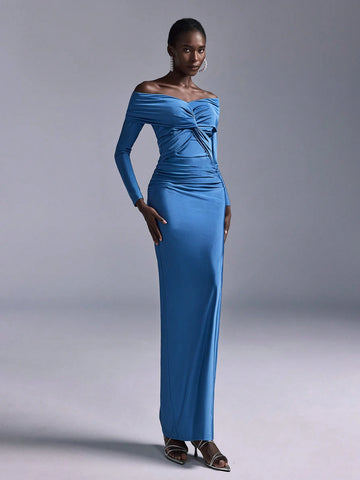 Elitara Elegant Romantic Blue Ruched Off Shoulder Fitted Bodycon Side Slit Straight Sleeve Knit Bridesmaid Dress