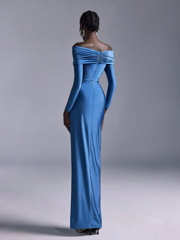 Elitara Elegant Romantic Blue Ruched Off Shoulder Fitted Bodycon Side Slit Straight Sleeve Knit Bridesmaid Dress