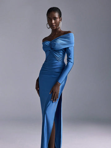 Elitara Elegant Romantic Blue Ruched Off Shoulder Fitted Bodycon Side Slit Straight Sleeve Knit Bridesmaid Dress