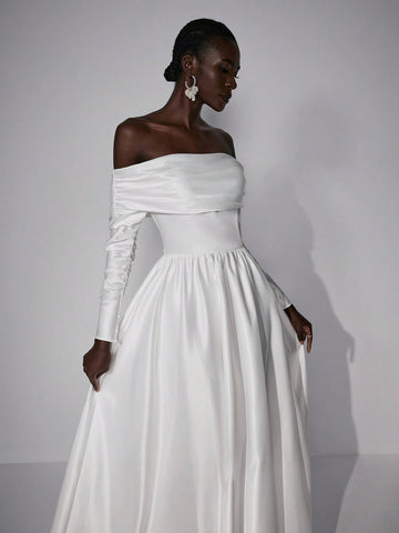 Elitara Elegant Simple Sexy One Shoulder Long Sleeve Pleated Maxi Dress Long Wedding Festival Women's Formal Wedding Dress