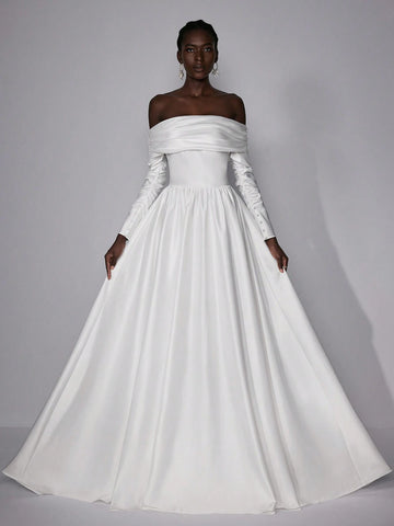 Elitara Elegant Simple Sexy One Shoulder Long Sleeve Pleated Maxi Dress Long Wedding Festival Women's Formal Wedding Dress