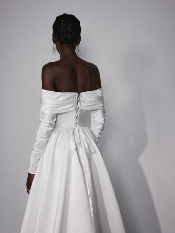 Elitara Elegant Simple Sexy One Shoulder Long Sleeve Pleated Maxi Dress Long Wedding Festival Women's Formal Wedding Dress