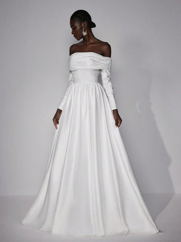 Elitara Elegant Simple Sexy One Shoulder Long Sleeve Pleated Maxi Dress Long Wedding Festival Women's Formal Wedding Dress