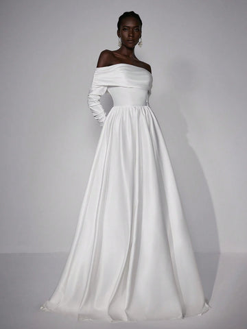 Elitara Elegant Simple Sexy One Shoulder Long Sleeve Pleated Maxi Dress Long Wedding Festival Women's Formal Wedding Dress