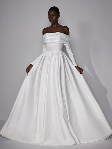 Elitara Elegant Simple Sexy One Shoulder Long Sleeve Pleated Maxi Dress Long Wedding Festival Women's Formal Wedding Dress