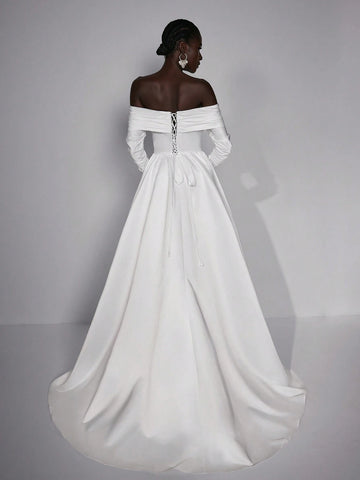 Elitara Elegant Simple Sexy One Shoulder Long Sleeve Pleated Maxi Dress Long Wedding Festival Women's Formal Wedding Dress