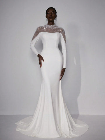 Elitara Elegant White Collar Mesh See-Through Luxury Gradient Embellished Maxi Wedding Dress With Long Train, Minimalist Design