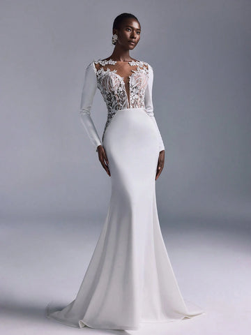 Elitara Elegant & Glamorous Ivory Sexy Backless Applique Embroidered Lace Panel Stretch Knit Mermaid Dress With Train, Suitable For Weddings, Singles Party, Holiday, Banquet, Bridal