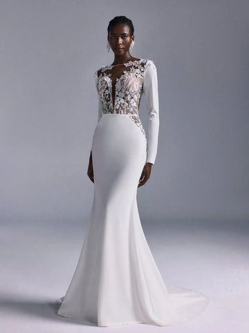 Elitara Elegant & Glamorous Ivory Sexy Backless Applique Embroidered Lace Panel Stretch Knit Mermaid Dress With Train, Suitable For Weddings, Singles Party, Holiday, Banquet, Bridal