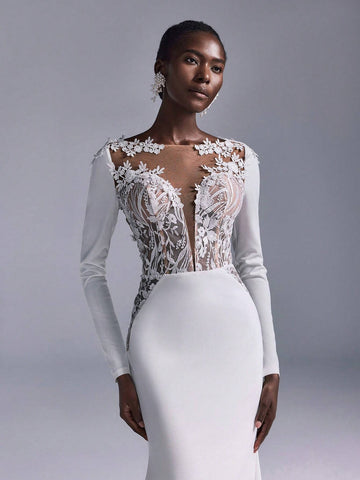 Elitara Elegant & Glamorous Ivory Sexy Backless Applique Embroidered Lace Panel Stretch Knit Mermaid Dress With Train, Suitable For Weddings, Singles Party, Holiday, Banquet, Bridal