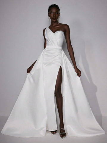Elitara Elegant & Luxurious Satin One Shoulder Pearl & Rhinestone Decorated Asymmetrical Hemline High Split Mermaid Wedding Dress With Detachable Oversized Ruffled Skirt Panels