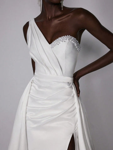Elitara Elegant & Luxurious Satin One Shoulder Pearl & Rhinestone Decorated Asymmetrical Hemline High Split Mermaid Wedding Dress With Detachable Oversized Ruffled Skirt Panels