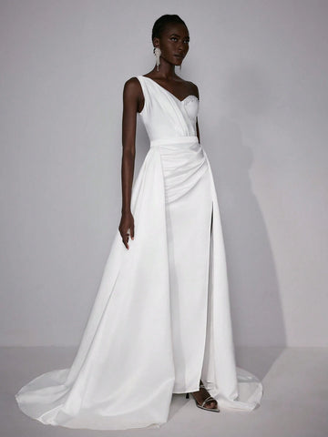 Elitara Elegant & Luxurious Satin One Shoulder Pearl & Rhinestone Decorated Asymmetrical Hemline High Split Mermaid Wedding Dress With Detachable Oversized Ruffled Skirt Panels
