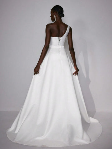 Elitara Elegant & Luxurious Satin One Shoulder Pearl & Rhinestone Decorated Asymmetrical Hemline High Split Mermaid Wedding Dress With Detachable Oversized Ruffled Skirt Panels