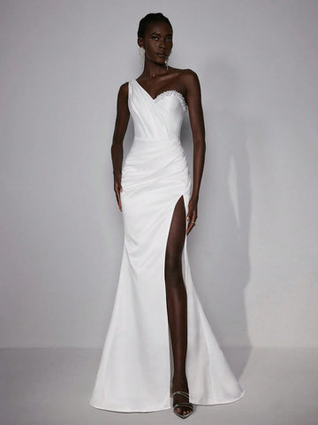 Elitara Elegant & Luxurious Satin One Shoulder Pearl & Rhinestone Decorated Asymmetrical Hemline High Split Mermaid Wedding Dress With Detachable Oversized Ruffled Skirt Panels