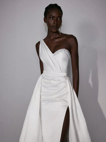 Elitara Elegant & Luxurious Satin One Shoulder Pearl & Rhinestone Decorated Asymmetrical Hemline High Split Mermaid Wedding Dress With Detachable Oversized Ruffled Skirt Panels