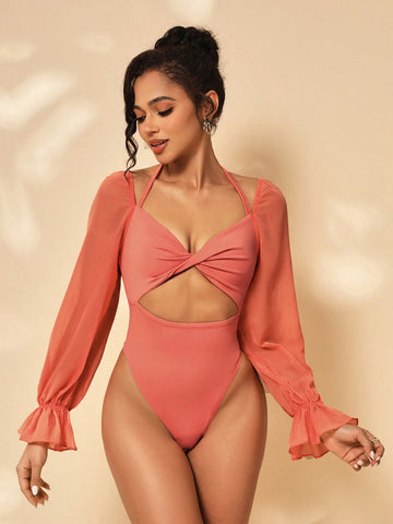 Ella Moore Ladies' Plain Minimalist Lantern Sleeve Twist Front Bodysuit For Daily Wear