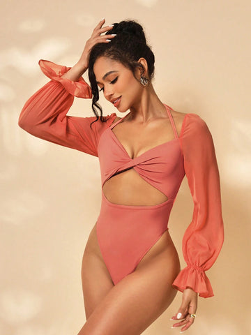 Ella Moore Ladies' Plain Minimalist Lantern Sleeve Twist Front Bodysuit For Daily Wear