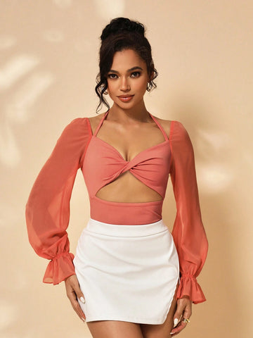 Ella Moore Ladies' Plain Minimalist Lantern Sleeve Twist Front Bodysuit For Daily Wear