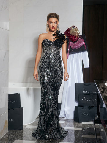 Ellery Strapless Sequin Feather Maxi Dress