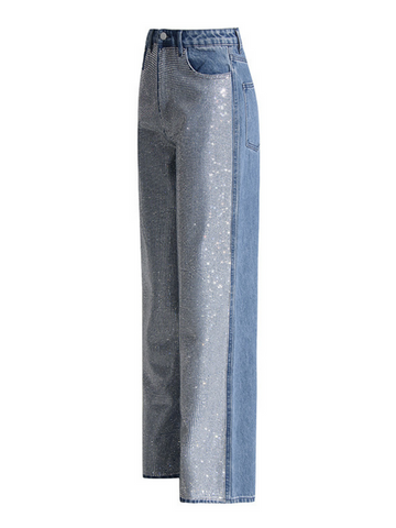 Elon Rhinestone Patchwork Denim Pants