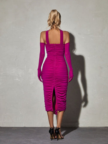 Else Mesh Ruched Split Midi Dress With Gloves