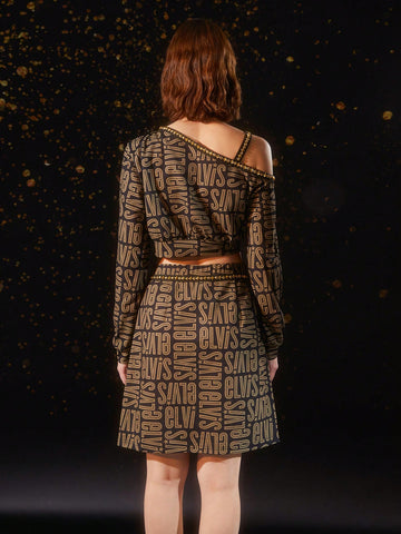 Women's Letter Printed Stud Decoration Asymmetric Neckline Crop Top And High Split Skirt Set
