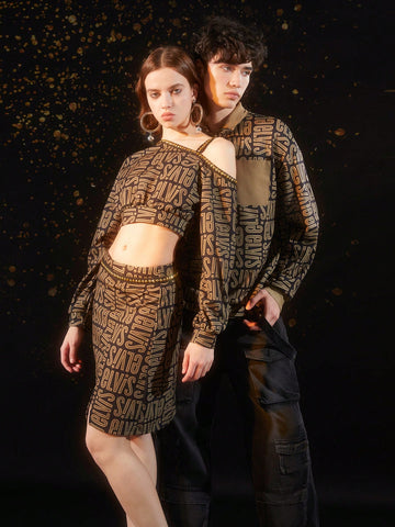 Women's Letter Printed Stud Decoration Asymmetric Neckline Crop Top And High Split Skirt Set