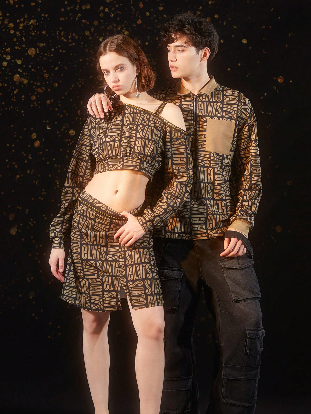 Women's Letter Printed Stud Decoration Asymmetric Neckline Crop Top And High Split Skirt Set