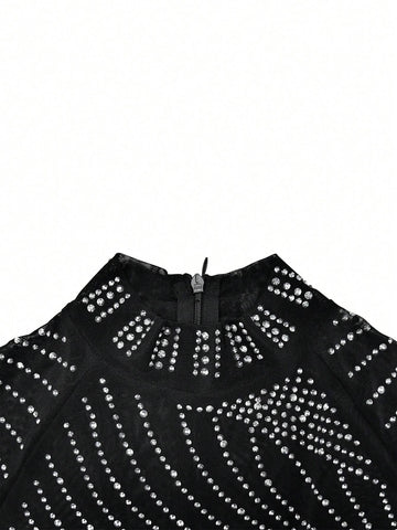 Embellished Stand Collar Dress With Rhinestone Decor And Fringed Sheer Mesh Details