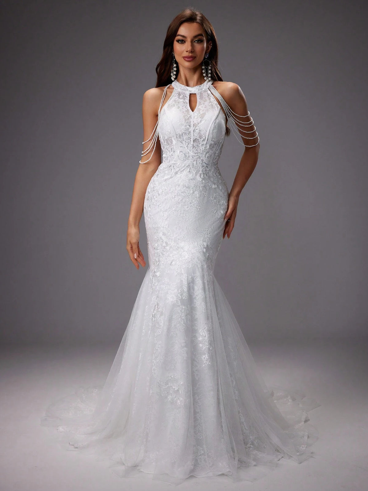 Embroidered Floral Cut-Out Shoulder Formal Dress, 3d Flower Position Random