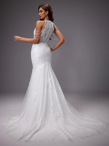 Embroidered Floral Cut-Out Shoulder Formal Dress, 3d Flower Position Random