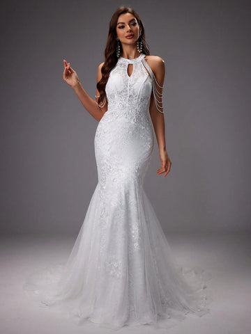 Embroidered Floral Cut-Out Shoulder Formal Dress, 3d Flower Position Random