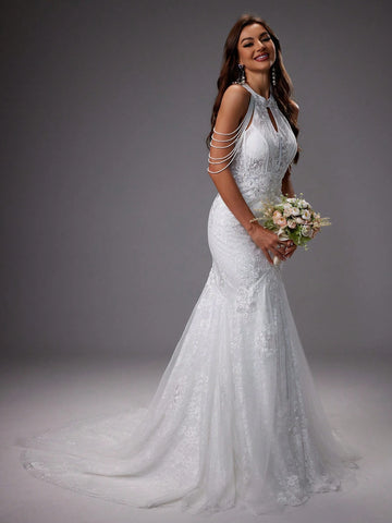 Embroidered Floral Cut-Out Shoulder Formal Dress, 3d Flower Position Random
